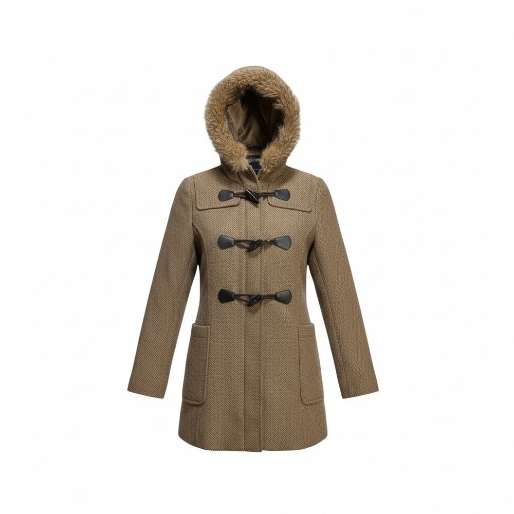 Pendleton Womens Brown Herringbone Wool Toggle Duffle Coat Fur Trim Hood Size 16